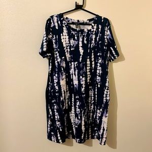 Ellen Tracy Pima Cotton T Shirt Dress Mood Indigo Tie Dye Pockets...Size: L.
